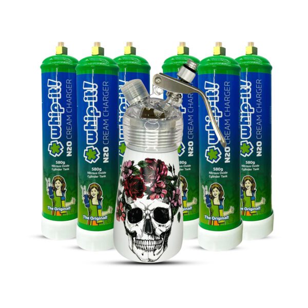 Whip It Original Cream Charger N20 with 6 tanks and Special Blue – Floral Skull Dispenser